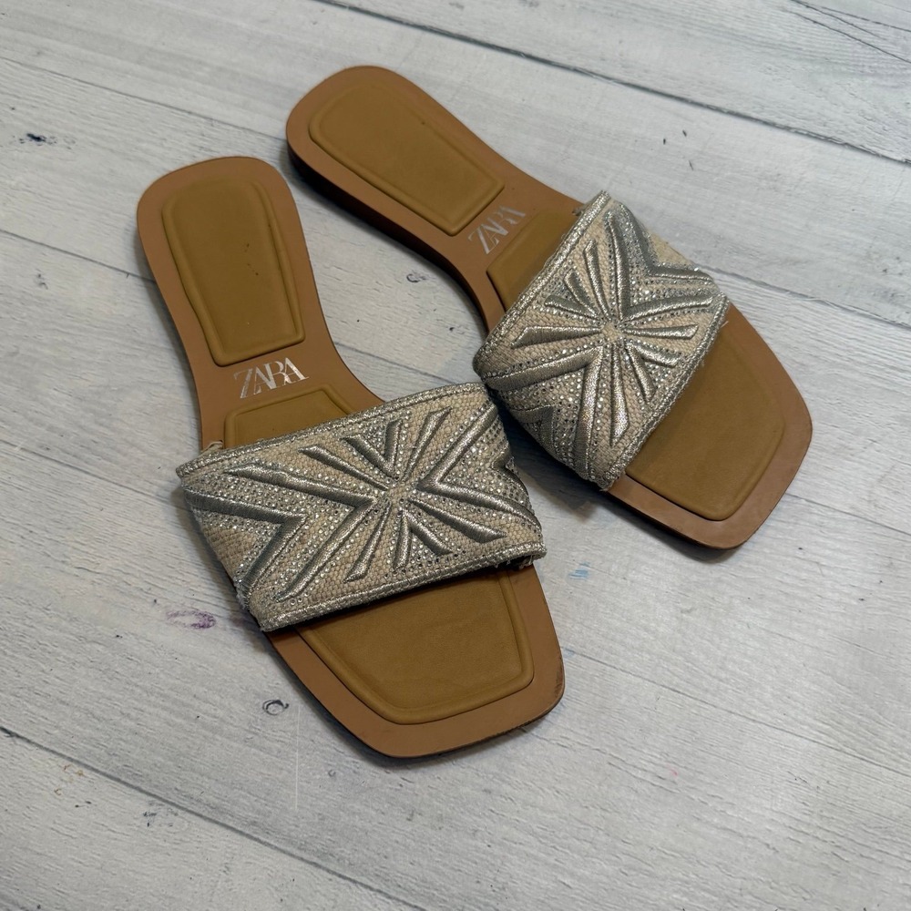 Zara Woman Rhinestones Fabric Embroidery Embroidered Sandals Shoes Size 6.5